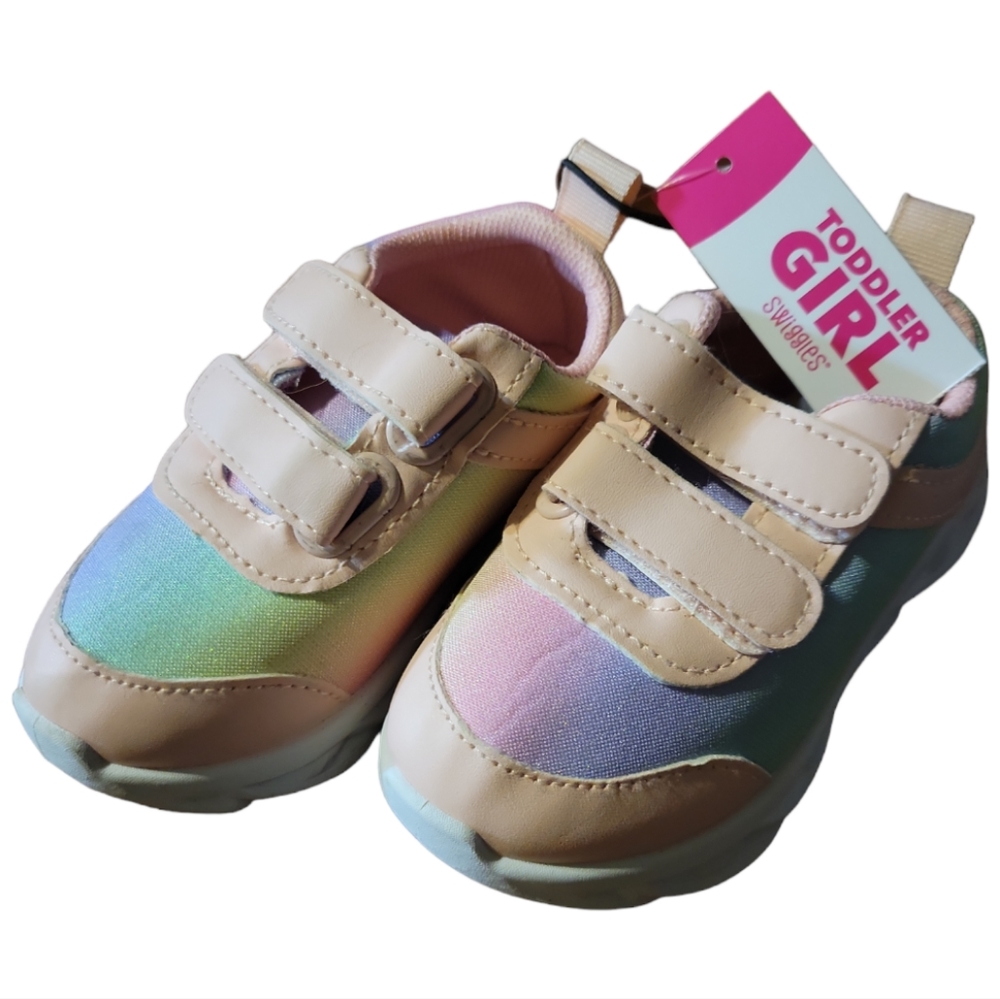 Swiggles Toddler Girl's Pink Rainbow Sparkles Glittery Tennis Shoes Velcro Sz 6